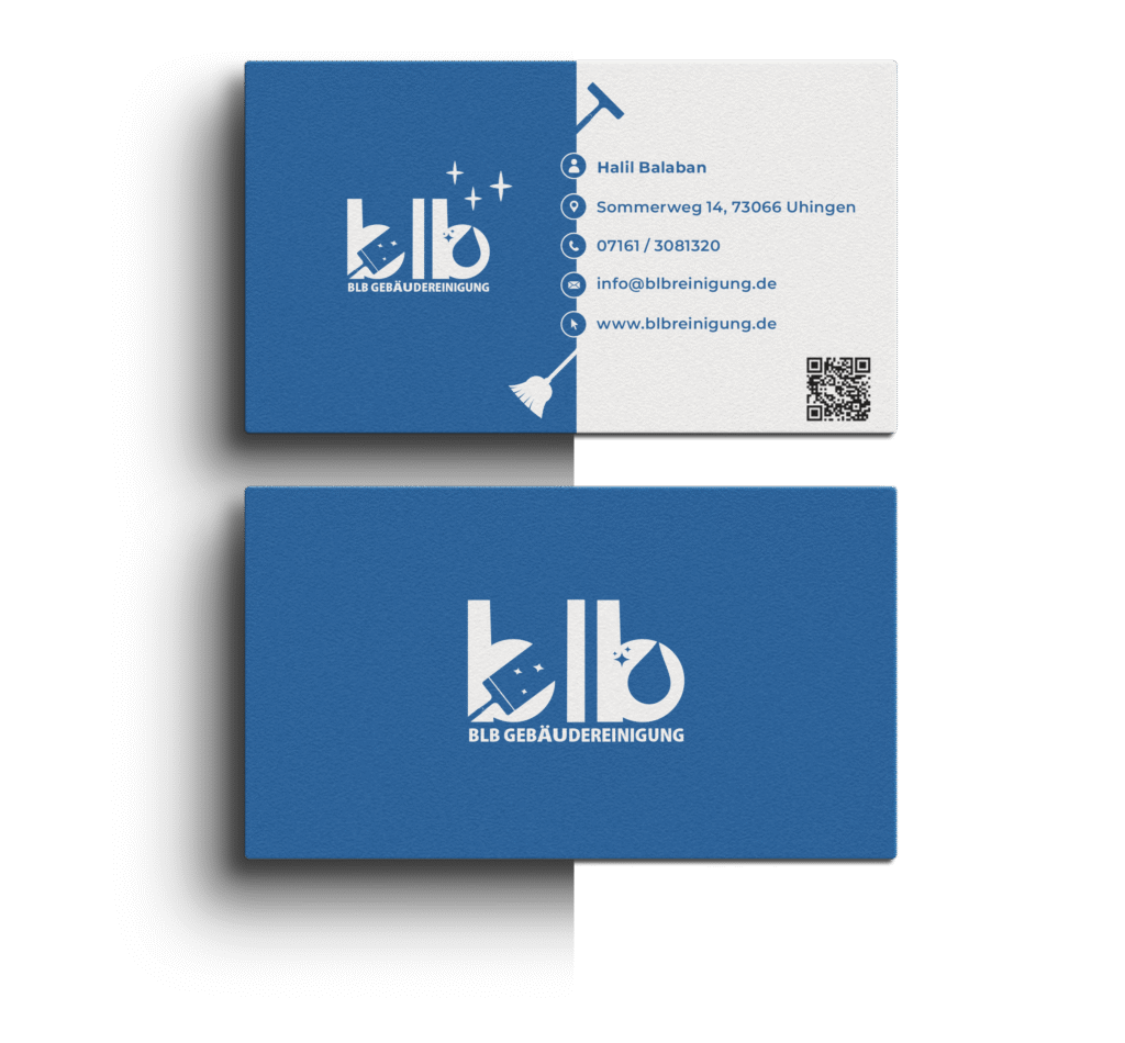 Visitenkarte Design für BLB Gebäudereinigung mit Logo, Kontaktdaten und Reinigungssymbolen – Referenz für Kunde: BLB Gebäudereinigung, erstellt von Lyn Digital