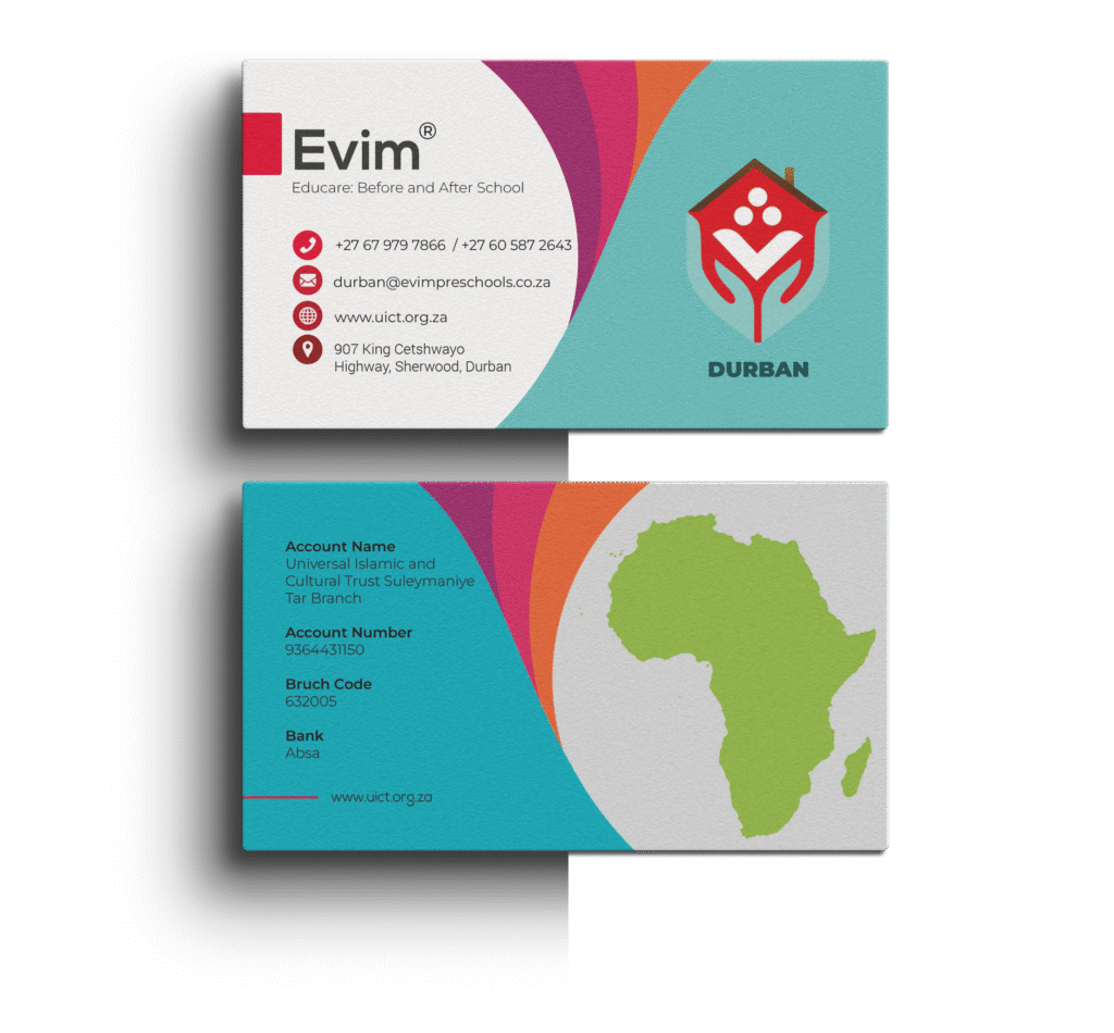 Visitenkarte Design für Evim® Educare Durban mit farbenfroher Gestaltung, Logo und Kontaktdaten – Referenz für Kunde: Evim Preschools, erstellt von Lyn Digital