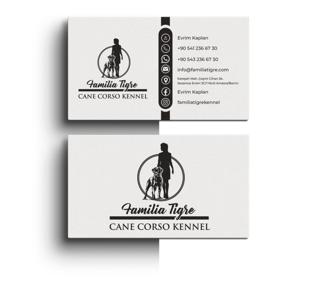 Visitenkarte Design für Familia Tigre Cane Corso Kennel mit Logo, Kontaktdaten und Symbolik – Referenz für Kunde: Familia Tigre, erstellt von Lyn Digital