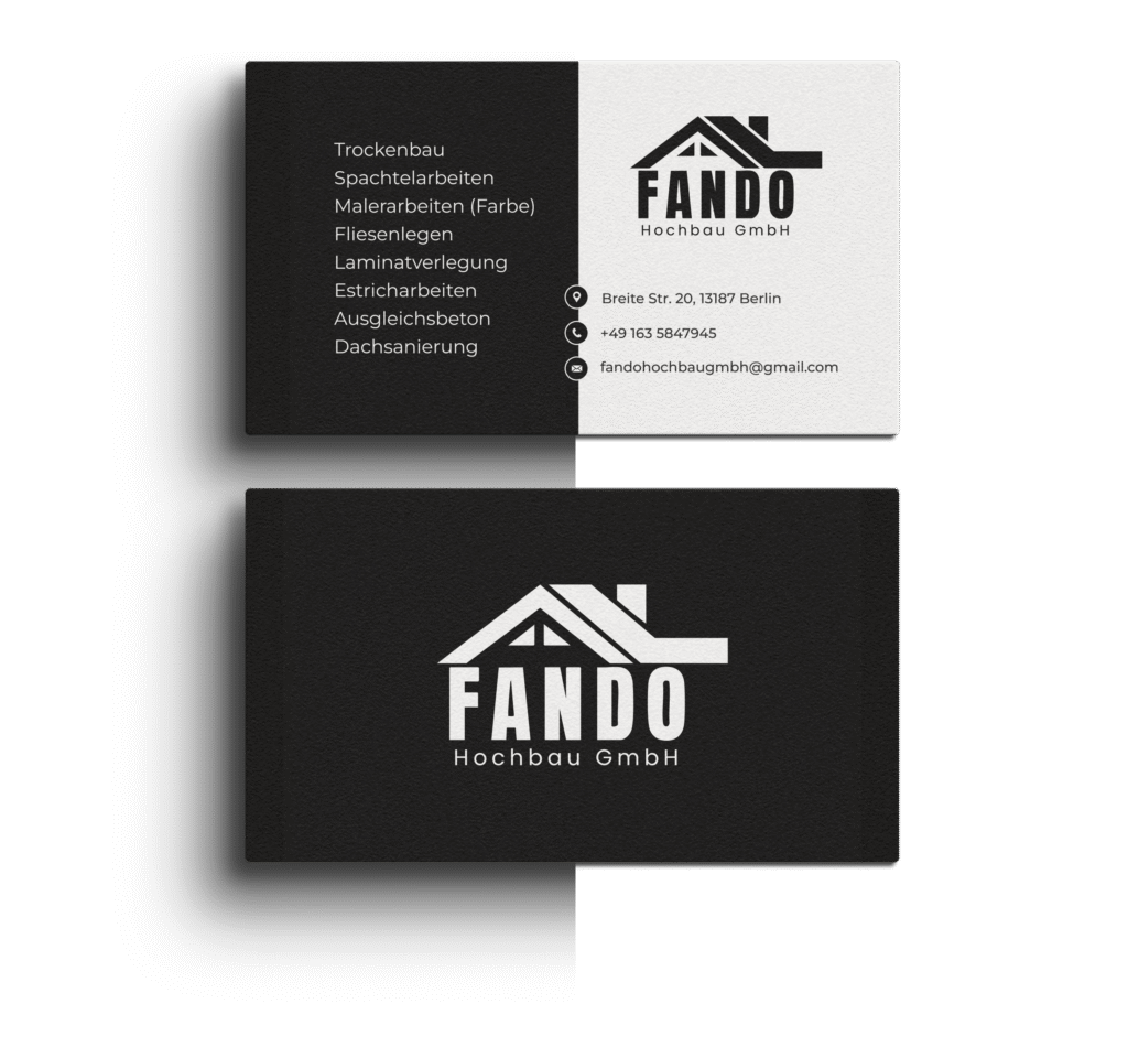 Visitenkarte Design für FANDO Hochbau GmbH mit Logo, Dienstleistungen und Kontaktdaten – Referenz für Kunde: FANDO Hochbau GmbH, erstellt von Lyn Digital